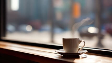 A steaming cup of coffee rests on a café windowsill with gentle rising vapor, blurred reflections outside,