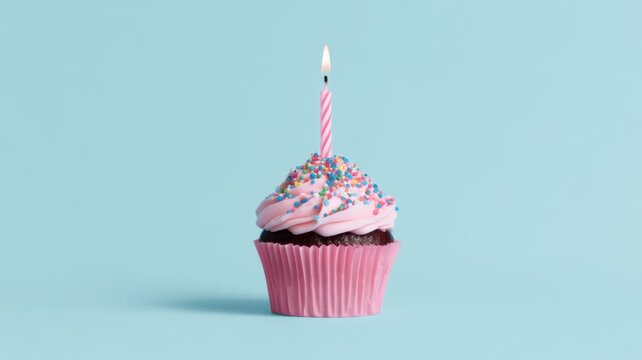 A single birthday cupcake with pink swirl frosting and colorful sprinkles sits in a pink paper liner, - Powered by Adobe