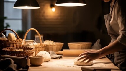 Crafting Culinary Delights: A Baker's Hands at Work kneading Dough in Cozy Kitchen