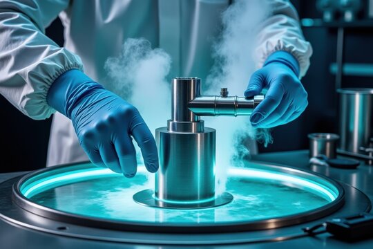 Researcher working with cryogenic equipment in laboratory science experiment