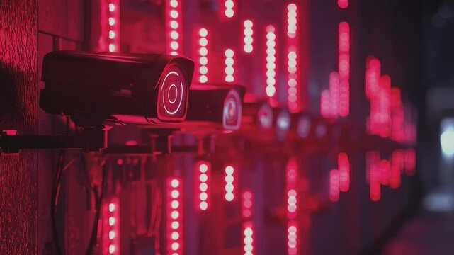 Security Surveillance: A row of sleek, modern security cameras keep watch, illuminated by red light, representing the vigilant eye of surveillance and security in a futuristic setting.