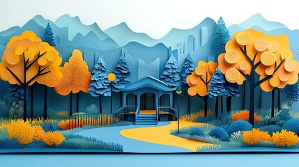 Charming paper cut landscape with blue house surrounded by orange and blue trees against layered mountain backdrop capturing serene autumn scenery and the warmth of nature inspired design