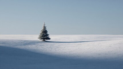 Minimal Christmas tree stands alone in peaceful winter landscape - simple xmas background scene