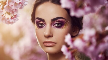 Artistic portrait of a stunning woman with glamorous makeup, captured in a close-up shot highlighting her striking features.