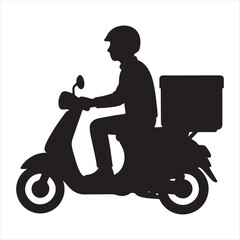 Silhouette vector illustration of a delivery courier on a motor scooter. Recovered eps design graphic of a rider.