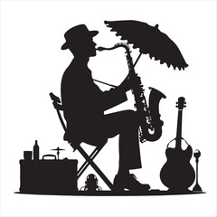 Silhouette of a street musician playing the saxophone under an umbrella. A vector illustration of a busker with a guitar and case.