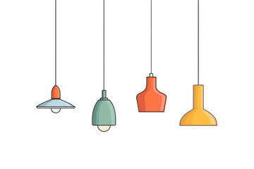 Naklejka premium Four colorful pendant lamps hanging from strings against a dark background. Each lamp has a different shape and color