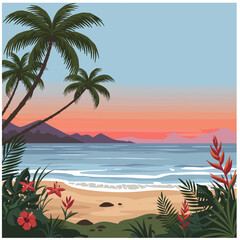 Vibrant Tropical Beach Sunset Landscape Illustration with Palm Trees and Exotic Flowers