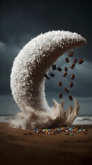 Whimsical moon shape, swirling white substance, falling chocolate and candy on a beach