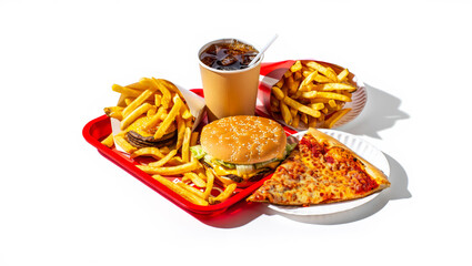 A collage of classic American fast food featuring a burger, fries, cola, and pizza with bright, even lighting.