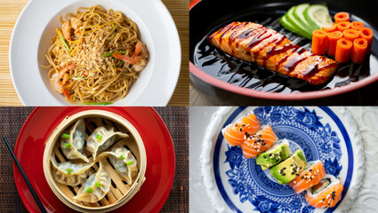 An elegant Asian cuisine collage displays  dishes  lacquered surfaces, featuring sushi, barbecue, dumplings, laksa, rendang, and tempura.