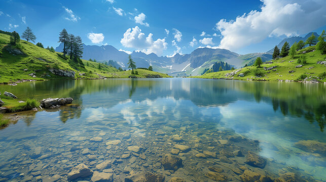 Idyllic summer landscape with clear mountain lake in the Alp - Powered by Adobe