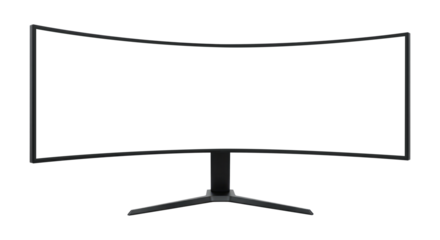 A Front View of a Black Curved Monitor with a Blank Display, Cut Out, Clipping Path Isolated on a Transparent PNG Background.