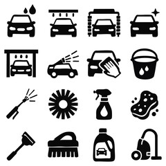 A collection of black and white car wash icons, showcasing various car washing tools and services, including a car wash brush, spray nozzle, car wash, and detailing services. this