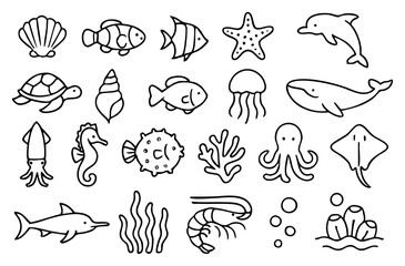 Fototapeta premium A collection of cute sea creatures outlined in black and white a charming illustration featuring a variety of marine life for designs, crafts, and educational materials.
