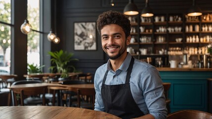 Smiling young man with curly hair in a café, wearing an apron while seated at a wooden table.
