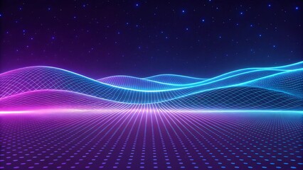 Neon Grid Synthwave Background - Retro Futuristic Purple and Blue Digital Landscape