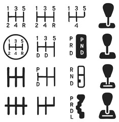 A collection of gear shift patterns and transmission designs, featuring manual and automatic gearbox layouts, illustrating different automotive gear shifts, ideal for educational