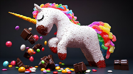 A whimsical unicorn figure surrounded by a cascade of chocolate and colorful candies