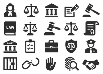 A collection of law icons, a comprehensive set of legal symbols showcasing court, justice, law, and legal concepts for illustrative purposes.