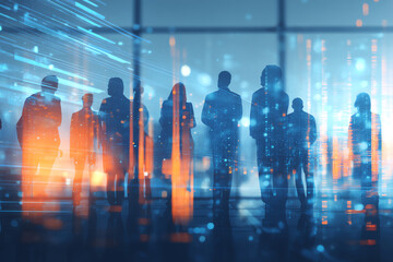 Silhouettes of people overlaid with digital data streams and glowing orange and blue light effects, symbolizing technology, connectivity, and modern business environments