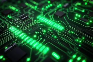Obraz premium Close-up of glowing green microchip on circuit board highlighting advanced digital technology