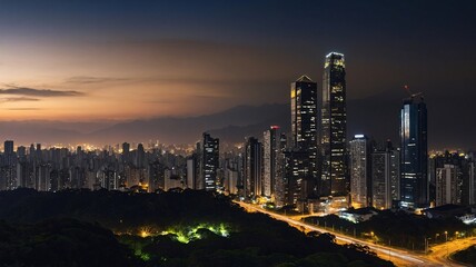 Obraz premium Stunning cityscape of urban skyscrapers at dusk, showcasing vibrant lights and a serene twilight sky.