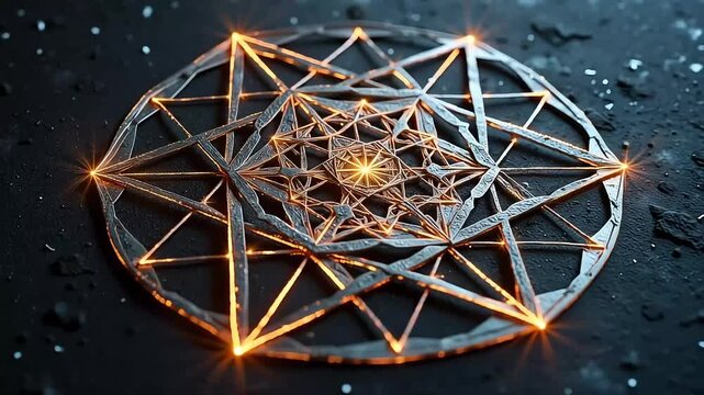 Metallic geometric pattern glows with mystical light on dark surface animation video