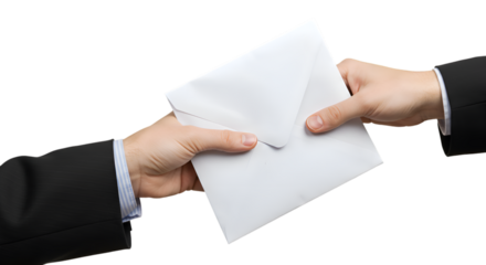 Two hands in formal business suits exchanging a sealed white envelope over a plain white background.