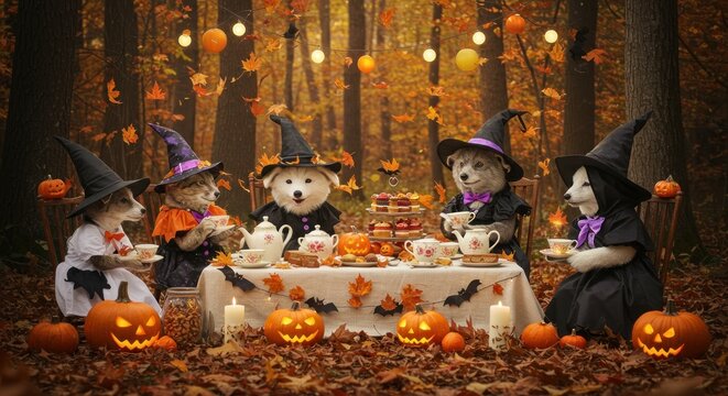 Whimsical Halloween Gathering: Adorable Animals in Witch Costumes Enjoying a Festive Tea Party