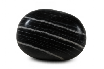 Polished black oval stone with white stripes isolated on transparent background, creating a sleek and elegant look