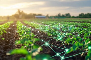 Smart agriculture field with IoT technology and data visualization overlay for precision farming and crop monitoring in sustainable agriculture at sunset