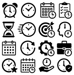 A collection of time icons representing various concepts. a diverse set of time-related icons depicts deadlines, productivity, planning, and efficiency, highlighting timeliness,