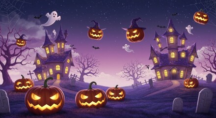 Enchanted halloween night with spooky pumpkins haunted houses and playful ghosts floating around