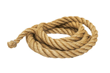 Thick natural fiber rope coil with a secured end isolated on transparent background