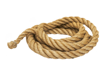 Thick natural fiber rope coil with a secured end isolated on transparent background