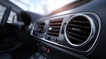 Close-up of car air conditioning vent in a modern vehicle under morning sunlight