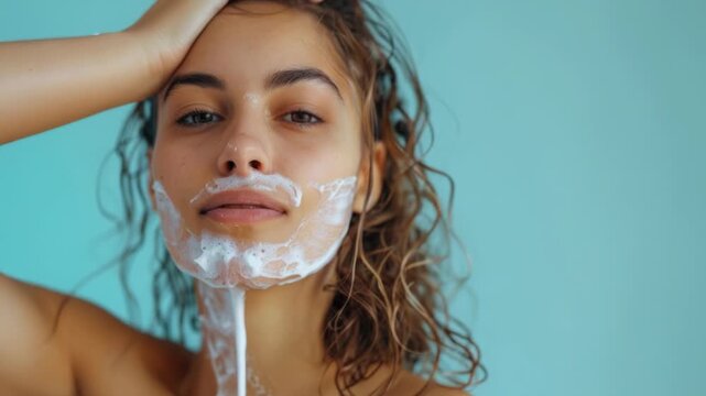 A close-up shot of a woman shaving her face with foam, a common beauty routine