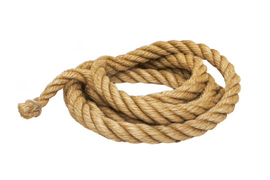 Thick natural fiber rope coil with a secured end isolated on transparent background