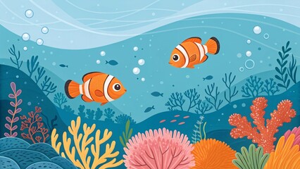 Clownfish Swimming in Coral Reef - Tropical Underwater Scene with Marine Life