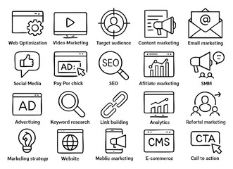 A comprehensive collection of marketing icons representing various digital marketing strategies, including seo, advertising, social media, and content marketing, perfect for