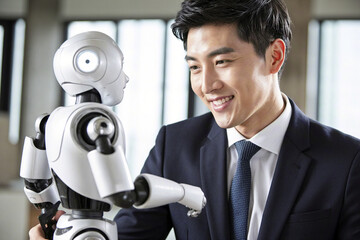 Young businessman communicating with smart robot