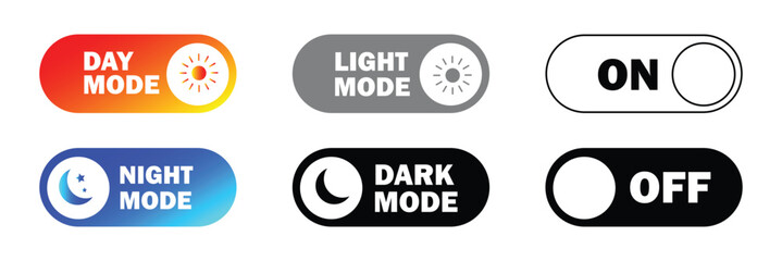 Toggle switch buttons for on off light dark mode and day night mode suitable for mobile apps and web interfaces.