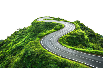 Winding asphalt road through lush green hills isolated on transparent background