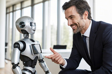 Young businessman communicating with smart robot