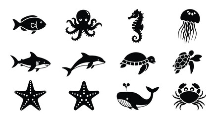 Fototapeta premium Vector silhouette illustration silhouettes of marine life including an orca, a turtle, and an octopus