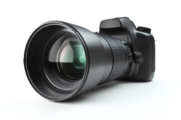 Professional DSLR camera with a large telephoto lens, designed for high-quality photography, displayed on a white background