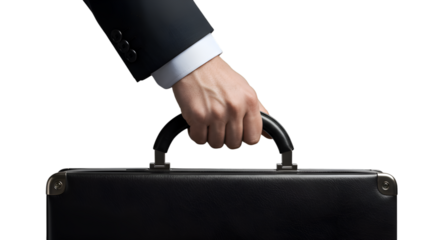 A businessman's hand in a suit sleeve firmly holds the handle of a black briefcase against a white background.