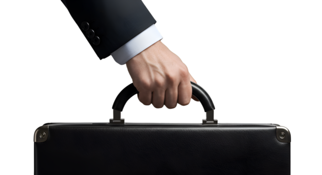 A businessman's hand in a suit sleeve firmly holds the handle of a black briefcase against a white background.