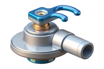 Close up of a blue and silver metal valve with a hose attachment